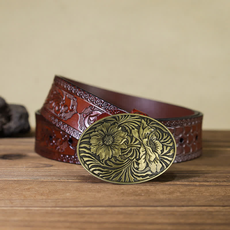 Herren DIY Ovaler Western Blumen-Schnallenledergürtel
