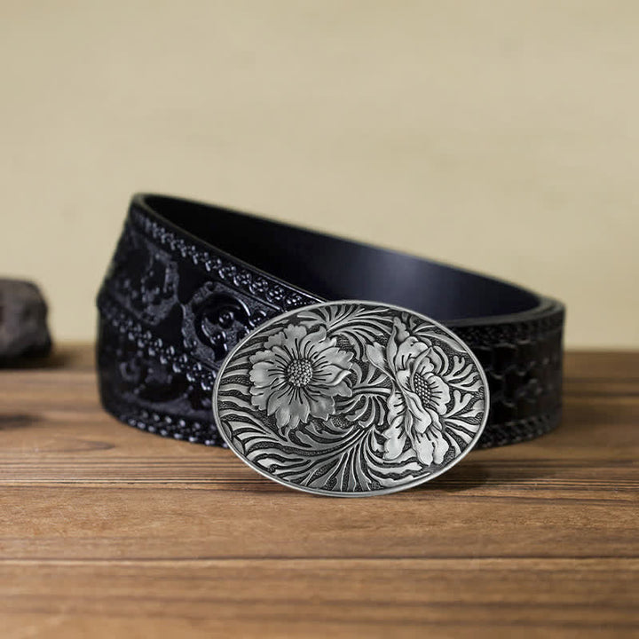 Herren DIY Ovaler Western Blumen-Schnallenledergürtel