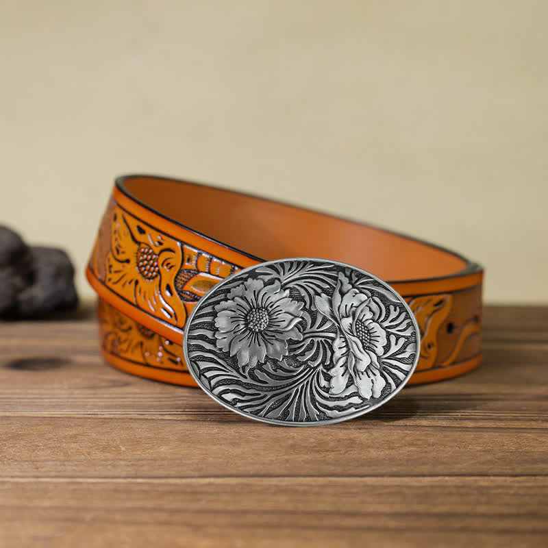 Herren DIY Ovaler Western Blumen-Schnallenledergürtel