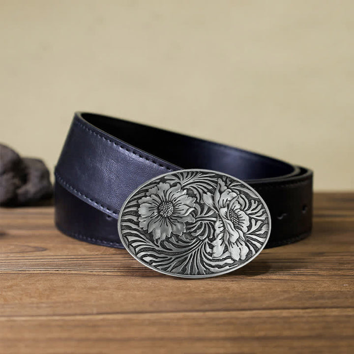 Herren DIY Ovaler Western Blumen-Schnallenledergürtel