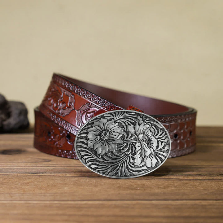 Herren DIY Ovaler Western Blumen-Schnallenledergürtel