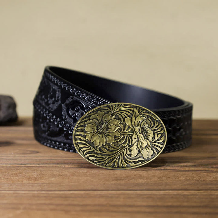 Herren DIY Ovaler Western Blumen-Schnallenledergürtel