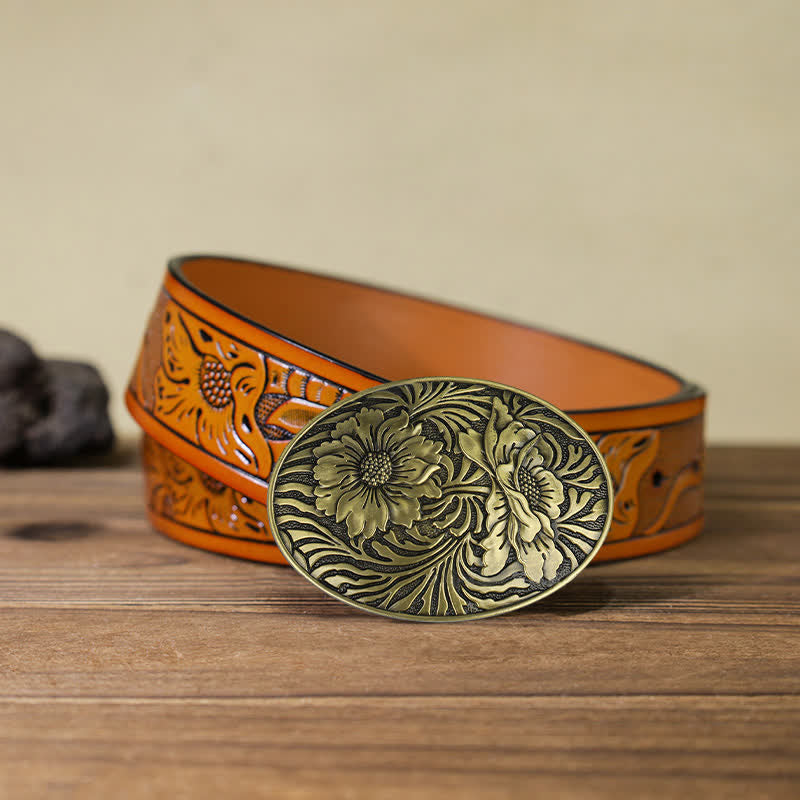 Herren DIY Ovaler Western Blumen-Schnallenledergürtel