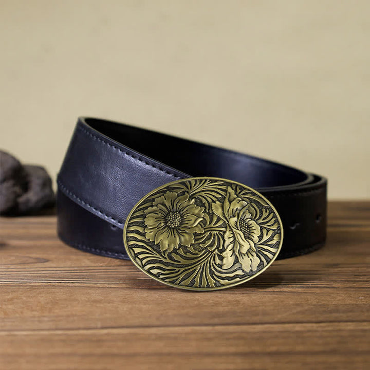 Herren DIY Ovaler Western Blumen-Schnallenledergürtel