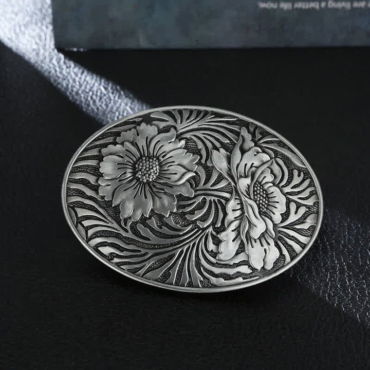 Herren DIY Ovaler Western Blumen-Schnallenledergürtel