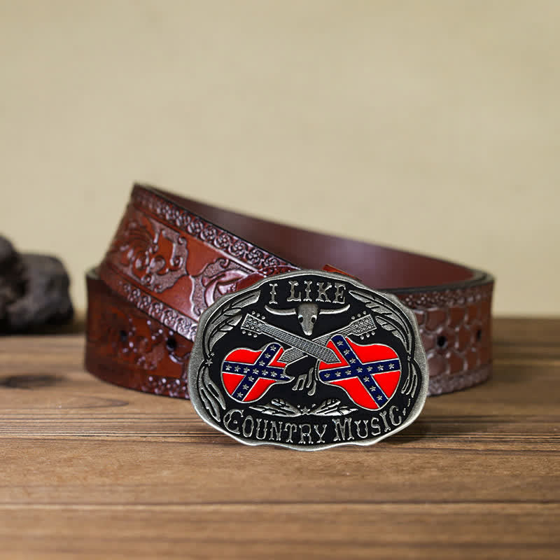 Herren-Ledergürtel mit DIY-Country-Musik-Gitarre und Bullenschnalle