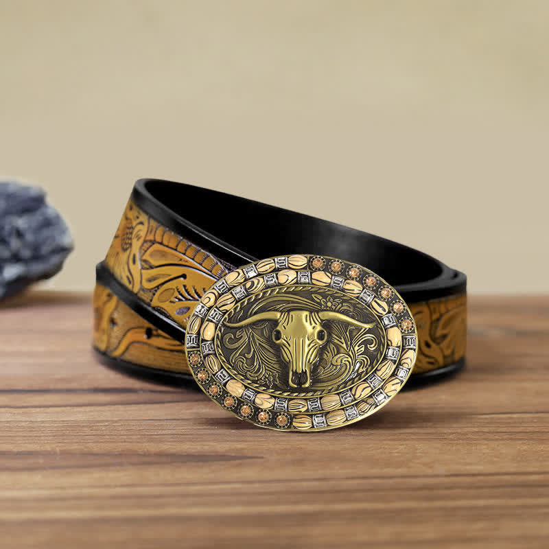 DIY-Gold-Stierkopfkoralienverzierte Schnalle Herren-Ledergürtel