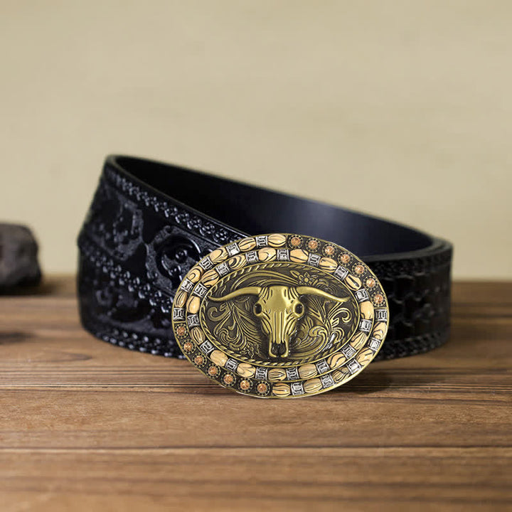 DIY-Gold-Stierkopfkoralienverzierte Schnalle Herren-Ledergürtel