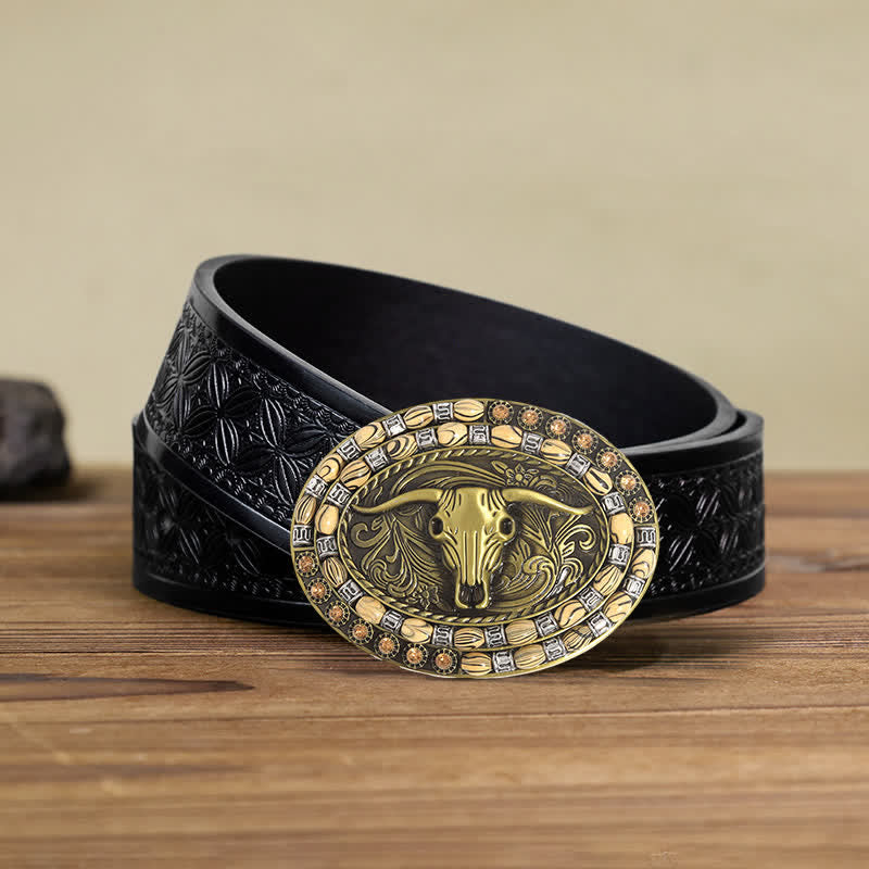 DIY-Gold-Stierkopfkoralienverzierte Schnalle Herren-Ledergürtel