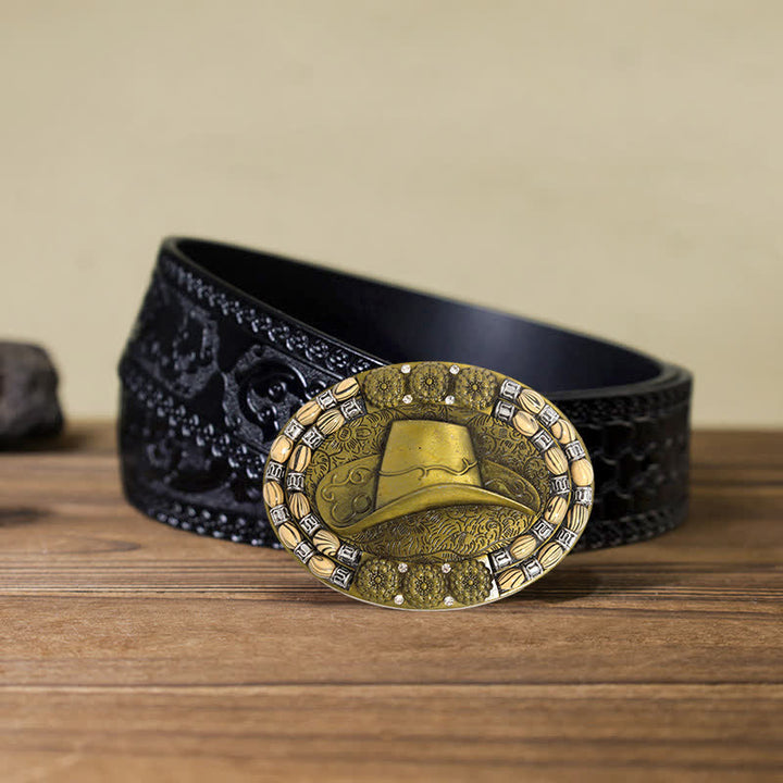 Herren DIY Gold Cowboyhut Perlen Dekor Schnalle Ledergürtel