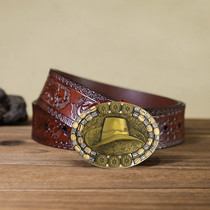 Herren DIY Gold Cowboyhut Perlen Dekor Schnalle Ledergürtel