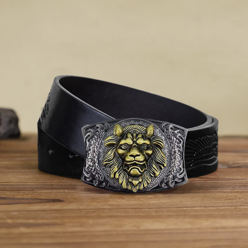 DIY-Ledergürtel für Herren mit verstecktem Klappmesser und goldenem Löwenmotiv