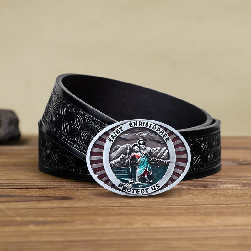DIY Herren Leder-Gürtel mit Saint Christopher Protect Us Schnalle