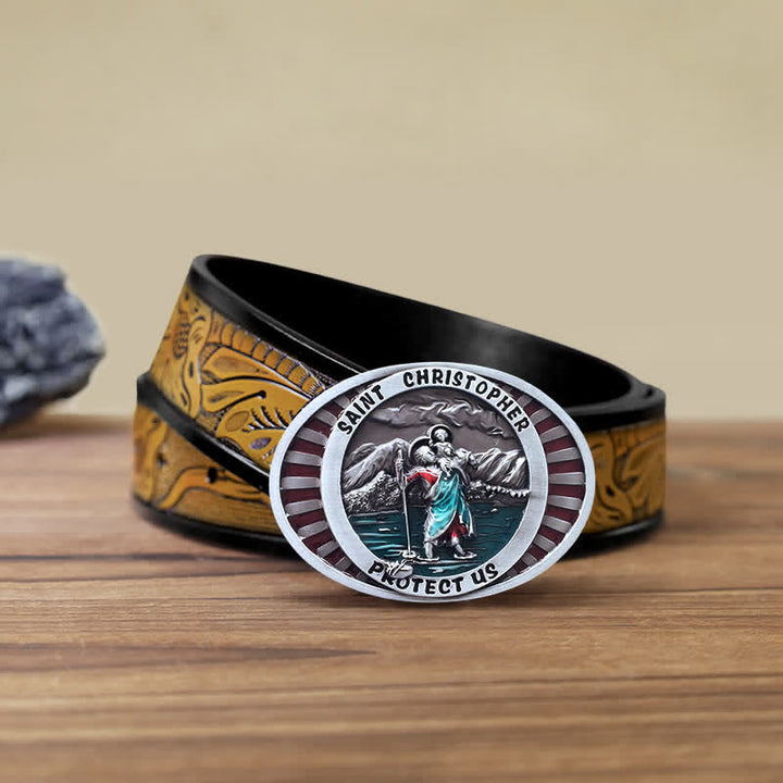 DIY Herren Leder-Gürtel mit Saint Christopher Protect Us Schnalle