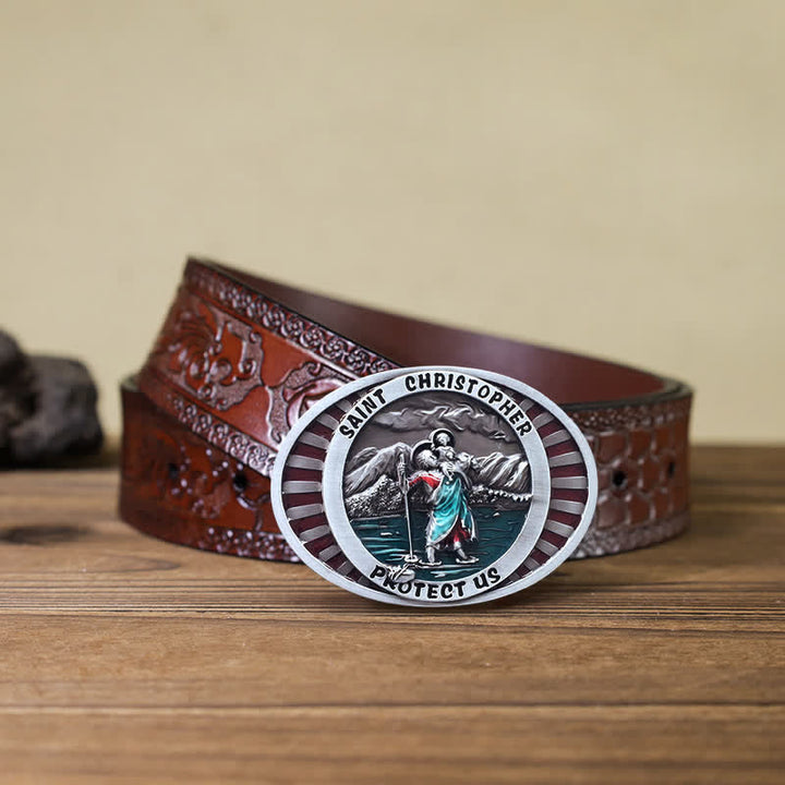 DIY Herren Leder-Gürtel mit Saint Christopher Protect Us Schnalle