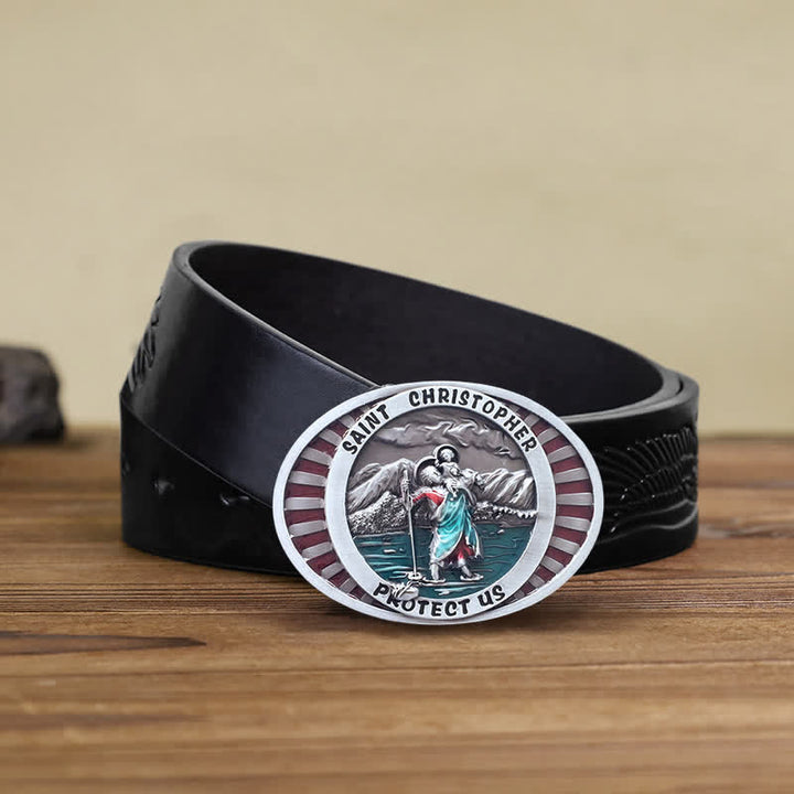 DIY Herren Leder-Gürtel mit Saint Christopher Protect Us Schnalle