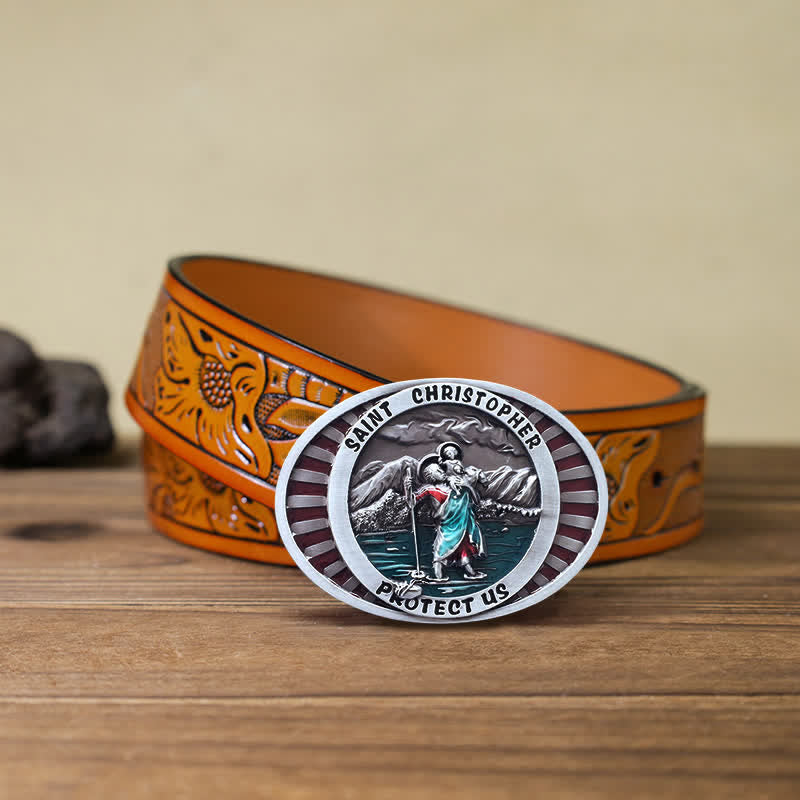 DIY Herren Leder-Gürtel mit Saint Christopher Protect Us Schnalle