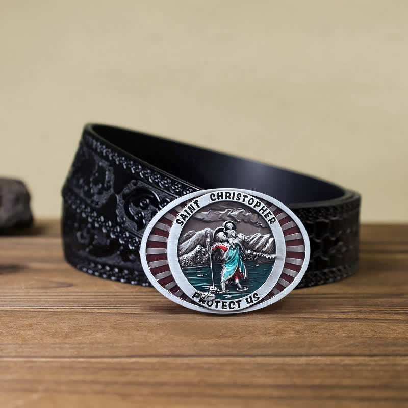 DIY Herren Leder-Gürtel mit Saint Christopher Protect Us Schnalle