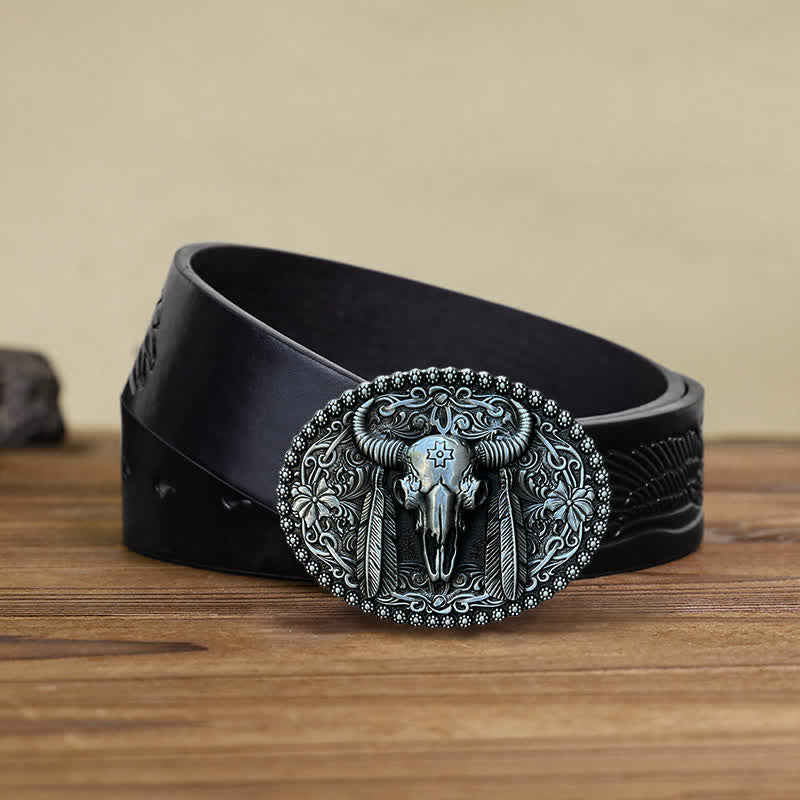 Herren DIY Bull Ethno-Federverzierter Ledergürtel mit Schnalle
