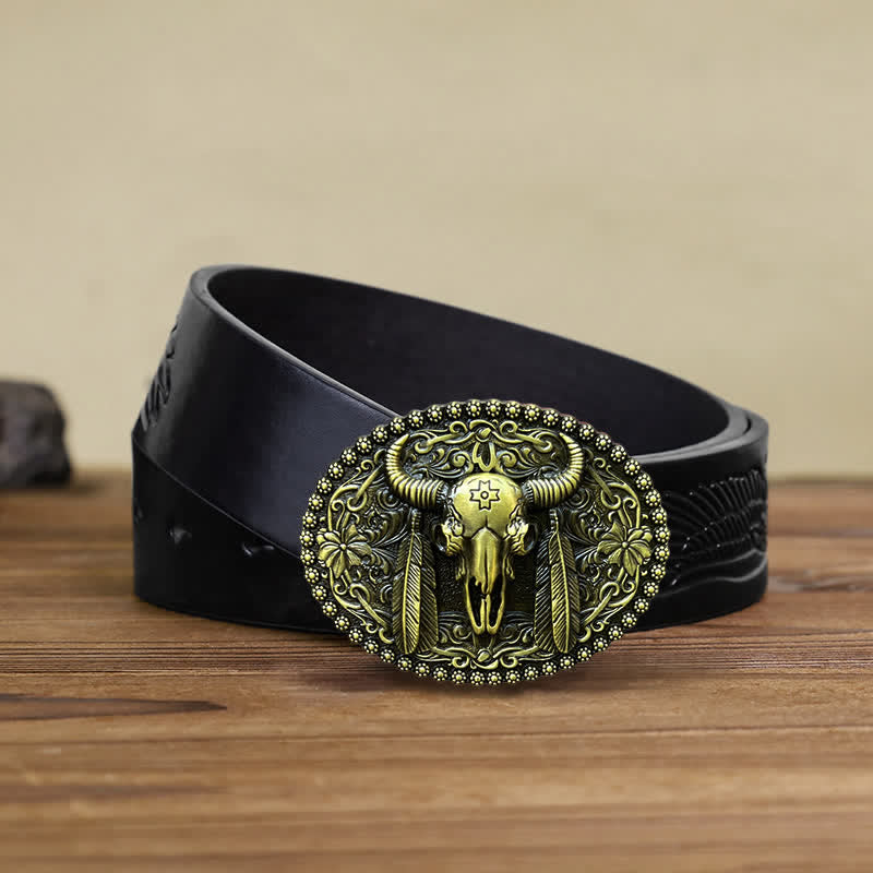 Herren DIY Bull Ethno-Federverzierter Ledergürtel mit Schnalle