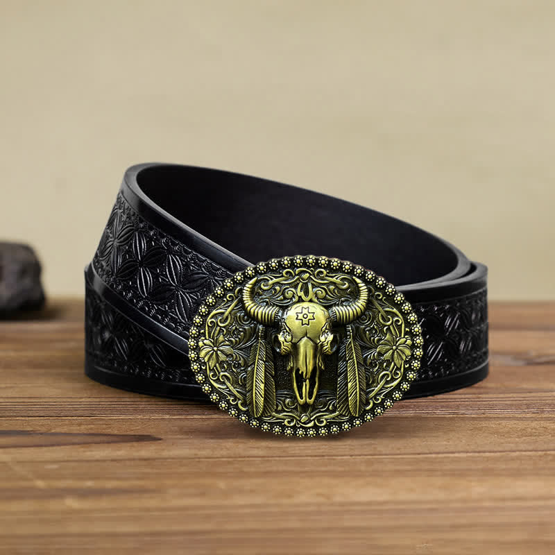 Herren DIY Bull Ethno-Federverzierter Ledergürtel mit Schnalle