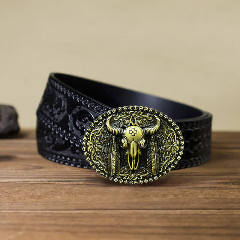 Herren DIY Bull Ethno-Federverzierter Ledergürtel mit Schnalle