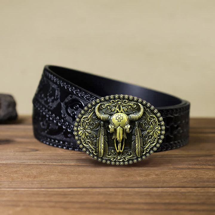 Herren DIY Bull Ethno-Federverzierter Ledergürtel mit Schnalle