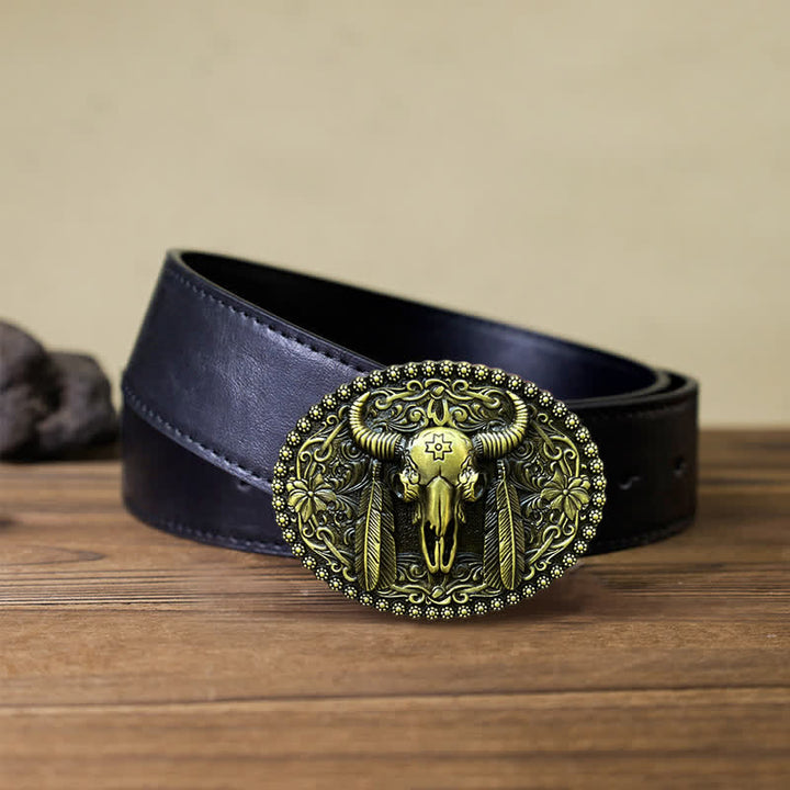 Herren DIY Bull Ethno-Federverzierter Ledergürtel mit Schnalle