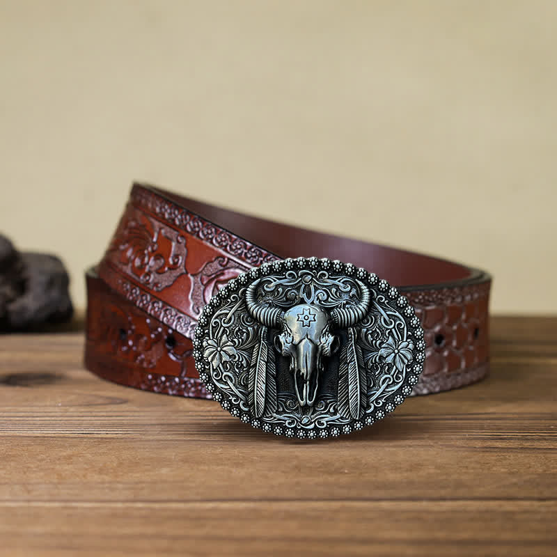 Herren DIY Bull Ethno-Federverzierter Ledergürtel mit Schnalle