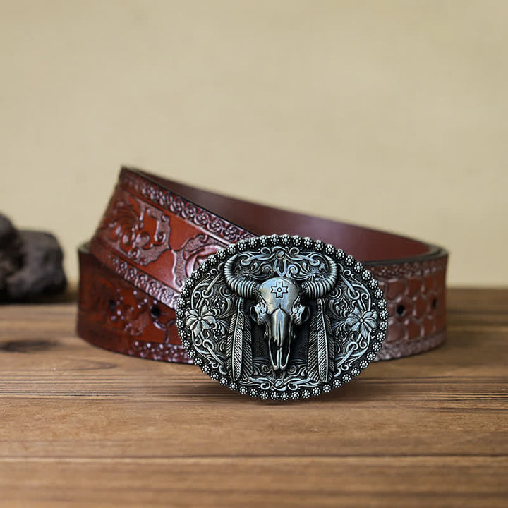 Herren DIY Bull Ethno-Federverzierter Ledergürtel mit Schnalle