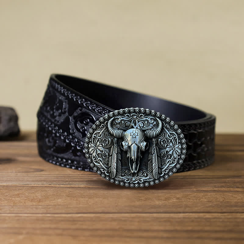 Herren DIY Bull Ethno-Federverzierter Ledergürtel mit Schnalle
