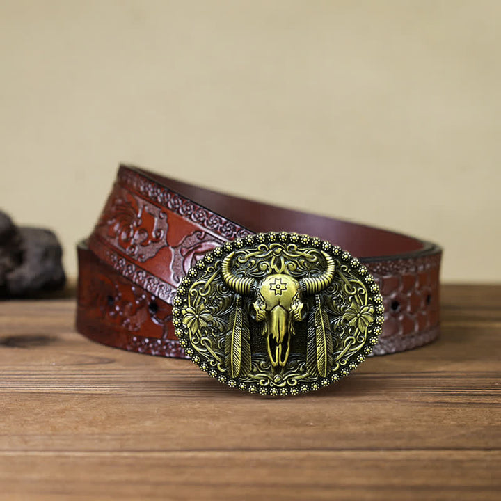 Herren DIY Bull Ethno-Federverzierter Ledergürtel mit Schnalle