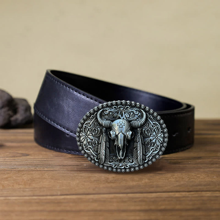 Herren DIY Bull Ethno-Federverzierter Ledergürtel mit Schnalle