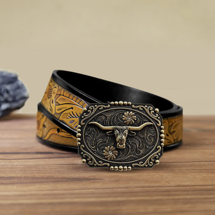 Herren DIY Stier Blumen Strass Schnalle Ledergürtel