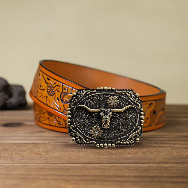 Herren DIY Stier Blumen Strass Schnalle Ledergürtel