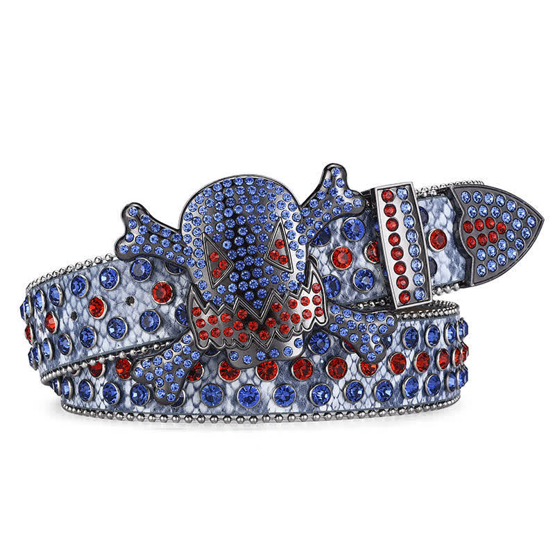 Rock Skull Rhinestone Beaded Decor Leather Belt - Blau - 46 - image 4