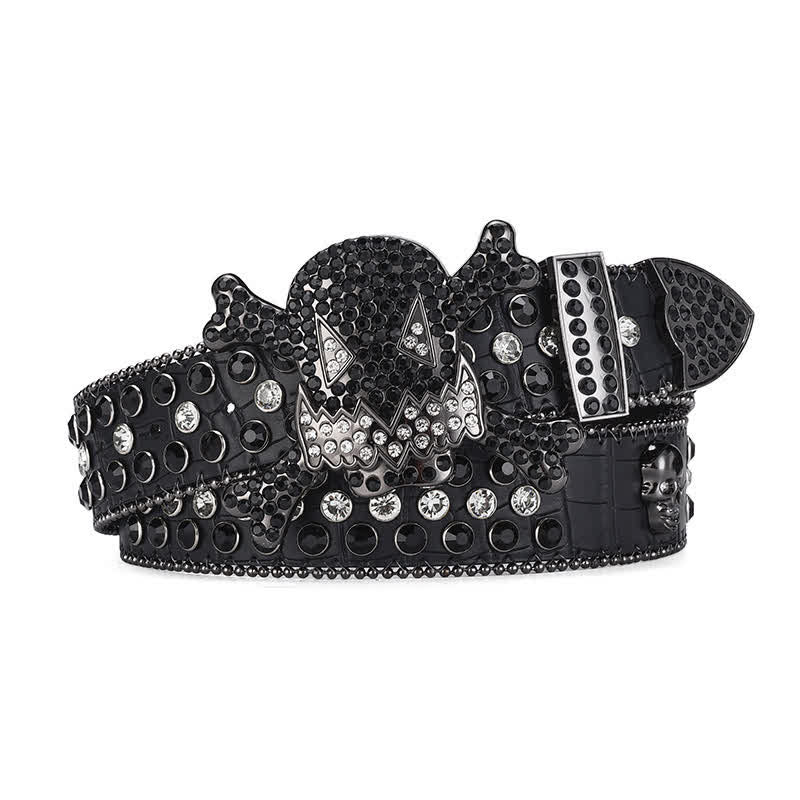 Rock Skull Rhinestone Beaded Decor Leather Belt - Schwarz - 46 - image 0