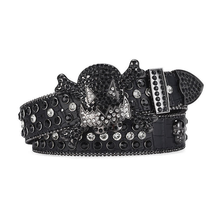 Rock Skull Rhinestone Beaded Decor Leather Belt - Schwarz - 46 - image 0