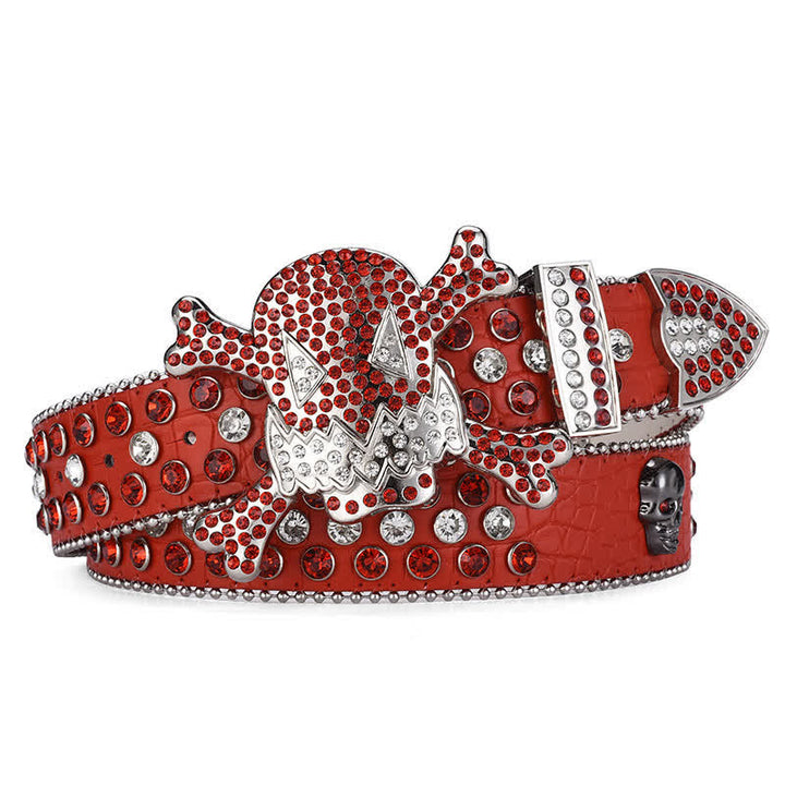 Rock Skull Rhinestone Beaded Decor Leather Belt - Rot - 46 - image 3