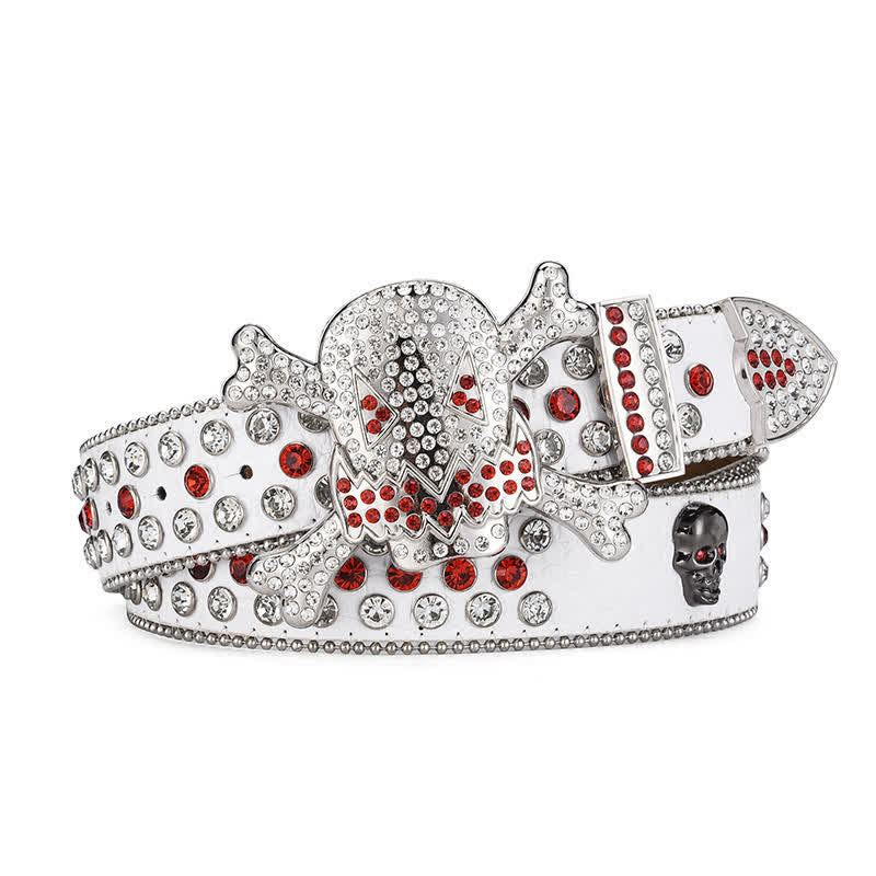 Rock Skull Rhinestone Beaded Decor Leather Belt - Weiß - 46 - image 2