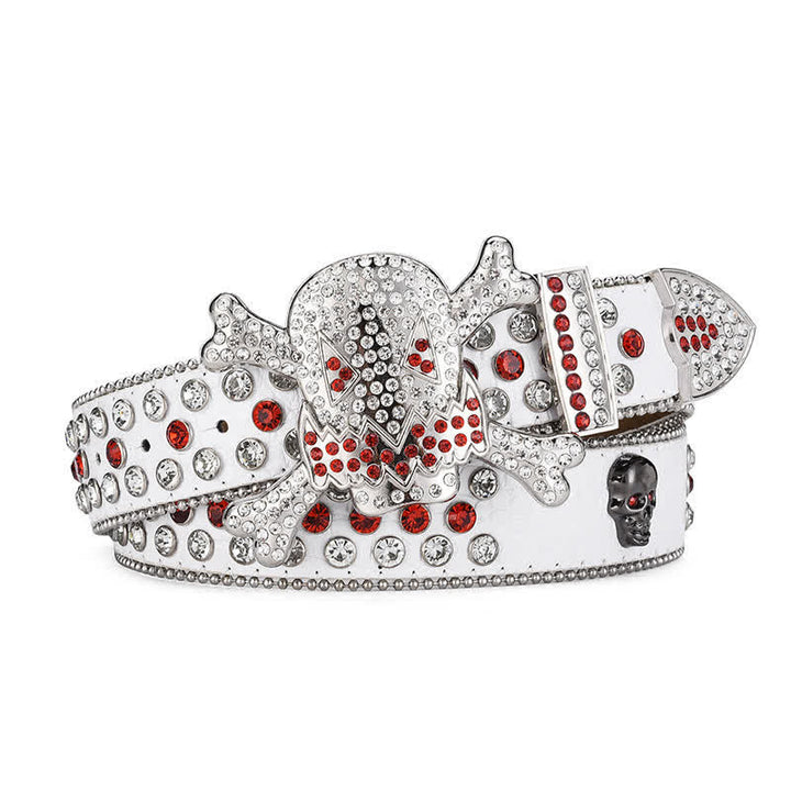 Rock Skull Rhinestone Beaded Decor Leather Belt - Weiß - 46 - image 2