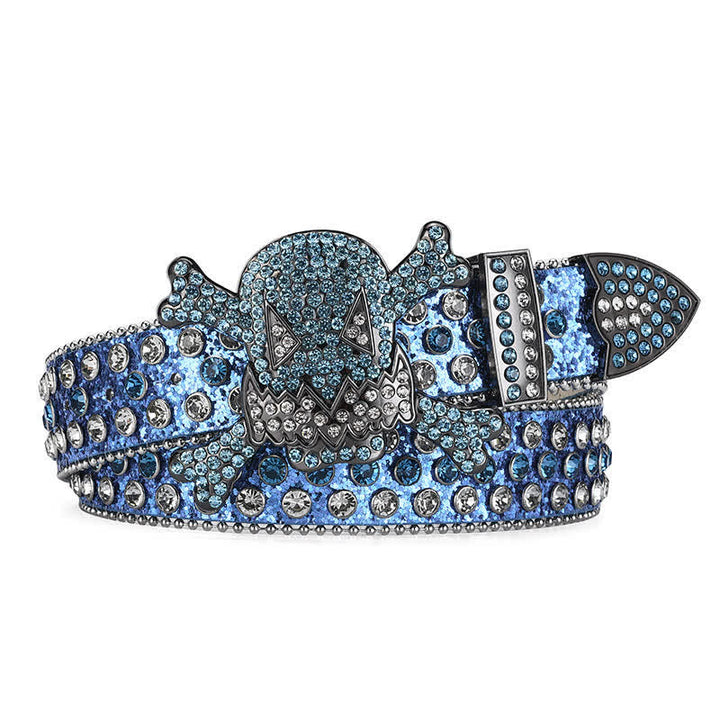 Rock Skull Rhinestone Beaded Decor Leather Belt - Himmelblau - 46 - image 5
