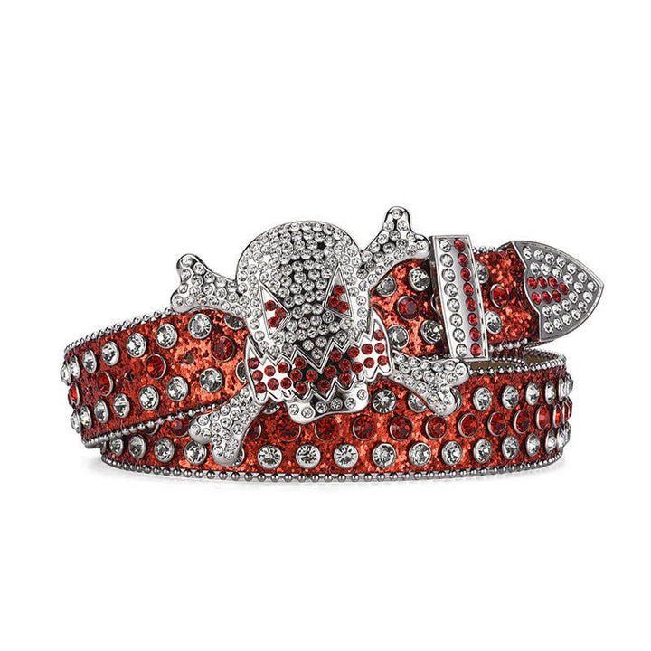 Rock Skull Rhinestone Beaded Decor Leather Belt - Leuchtendes Rot - 46 - image 6