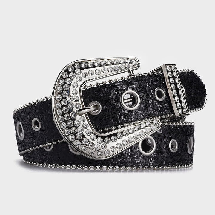 Glamouröser Leder-Gürtel mit Pailletten- und Strass-Schnalle