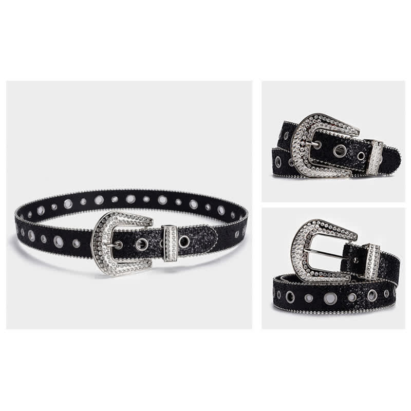 Glamouröser Leder-Gürtel mit Pailletten- und Strass-Schnalle