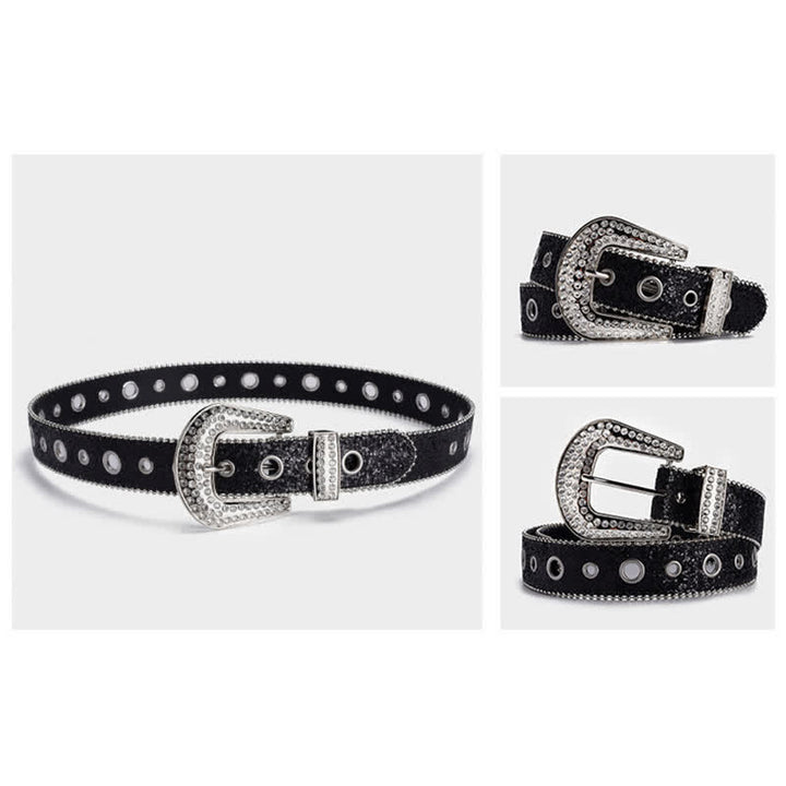 Glamouröser Leder-Gürtel mit Pailletten- und Strass-Schnalle