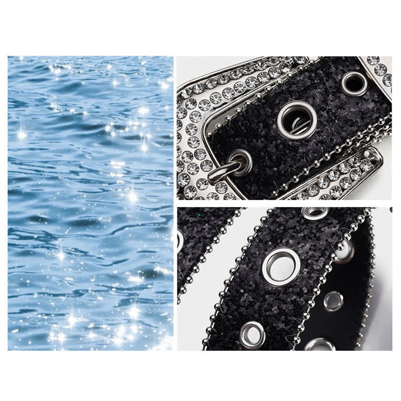 Glamouröser Leder-Gürtel mit Pailletten- und Strass-Schnalle