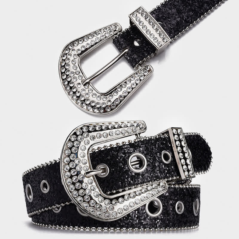 Glamouröser Leder-Gürtel mit Pailletten- und Strass-Schnalle