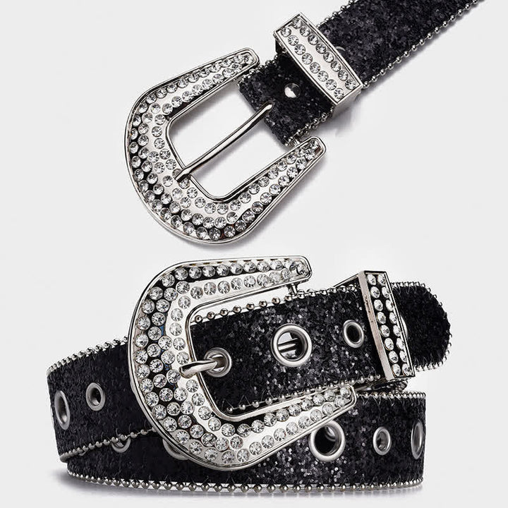 Glamouröser Leder-Gürtel mit Pailletten- und Strass-Schnalle