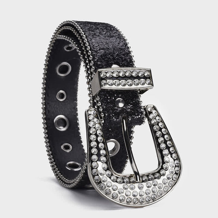 Glamouröser Leder-Gürtel mit Pailletten- und Strass-Schnalle